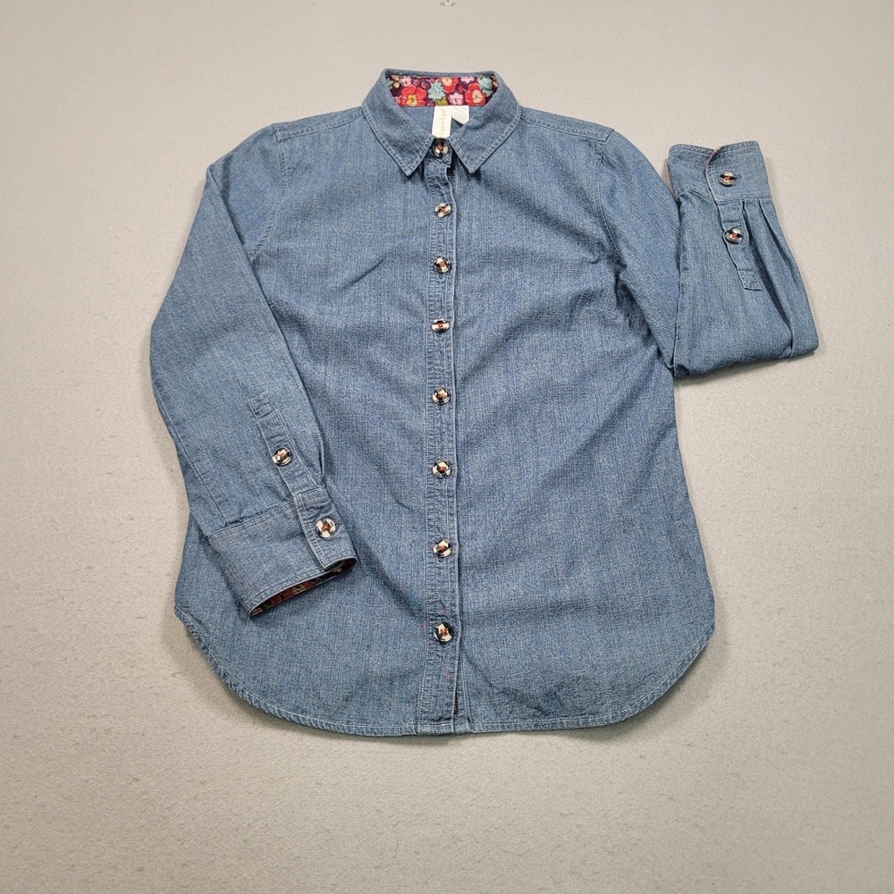 Matilda Jane Paint by Numbers Blue Chambray Button Down Shirt Floral Trim Small